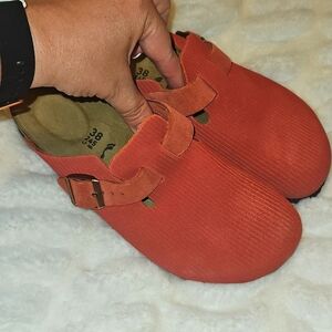 Birkenstock Red Orange Suede Clogs